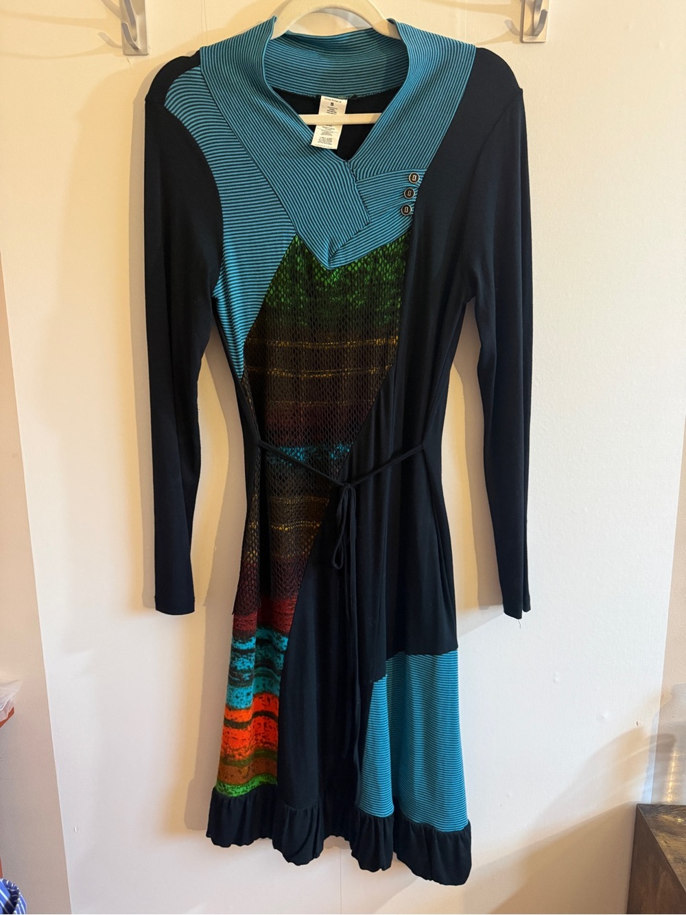 Dolcezza Black Art Knit Dress Small Asymmetrical Collar Mesh Tie Waist Turkey